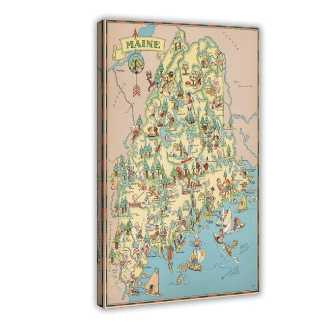 UXCBIA Vintage Map of US States Maine Cartoon Style Canvas Poster Bedroom Wall Art Sports Landscape Office Room Decor Gift Frame 20x30inch