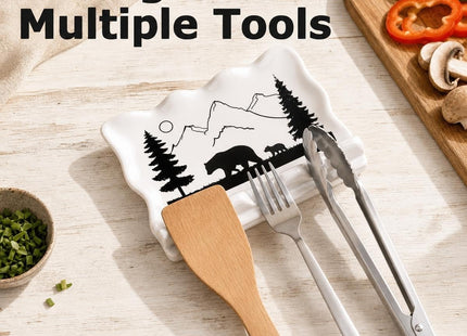 Ceramic Spoon Rest Large Stove Top Utensil Holder Bear Forest Art
