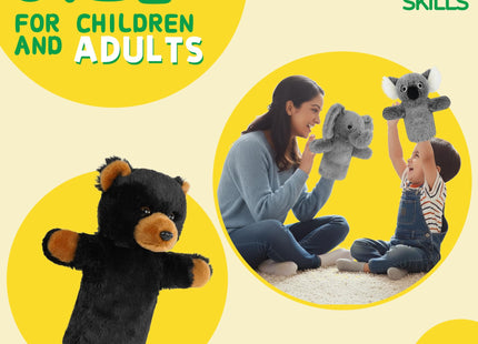 Cute Bear Hand Puppet Stuffed Plush Toddler Cute Bear Sensory Learning Toy Washable Preschool Classroom Activity Supplies Creative Imaginative Play Stuffed Animal Gift Black Bear