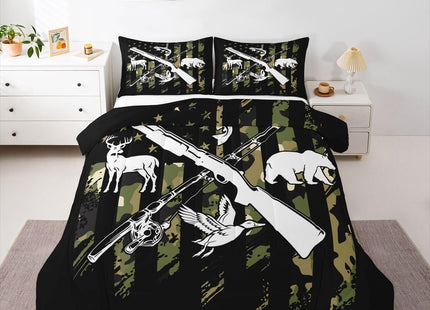Erosebridal Hunting Duck Bear Deer Comforter Set Fishing Bass Fish Bedding Set Queen for Boys Men Green Camo American Flag Down Comforter Camouflage Hunt Flag Quilt Duvet Insert with 2 Pillow Cases
