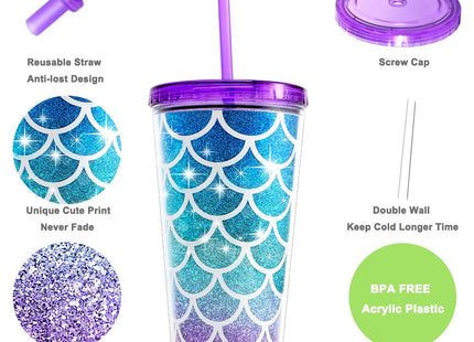 Home Tune 22oz Cute Glitter Tumbler Cups with Lid and Straw, Mermaid