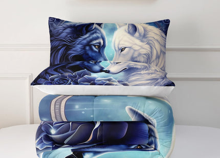 OUIXOTIC Wolf Print Comforter Set Queen Size,White and Dark Blue Wolf in Flowers Duvet Set, Forest Animals Printed Quilte Set for Girls Boys Adult,with 1 Comforter and 2 Pillow Case