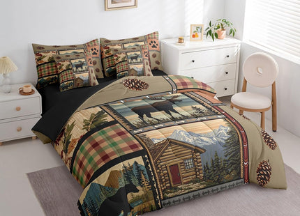 Feelyou Rustic Lodge Bear Moose 7 Piece Bedding Set Twin Size Retro Brown Wild Animal Bear Comforter Set with Sheets Boys Girls Cabin Country Hunting Theme Bed in a Bag Paw Prints Cabin