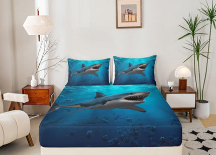 3D Shark Fitted Sheet Twin Size,Underwater World Bedding Set 2Pcs,Ocean Animals Bed Sheet for Kids Boys Girls Adult Bedroom Decor Sea Blue Gradient Deep Pocket Sheet,1 Pillowcase