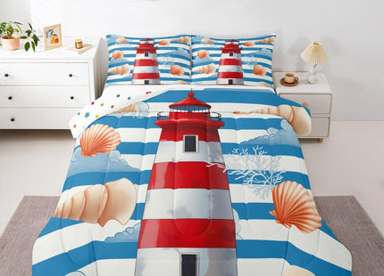 Erosebridal Nautical Comforter Set Twin Red White Lighthouse Bedding Set, Blue Stripes Bedding Comforters & Sets Coastal Conch Starfish Duvet, Ocean Theme Quilt Comforter Super Cozy Microfiber 2pcs