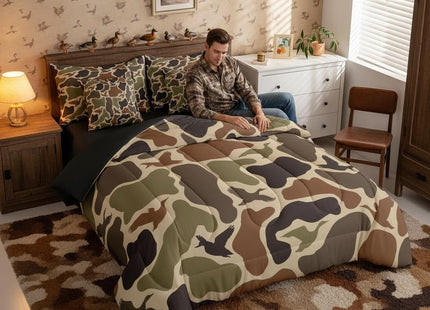 Erosebridal Hunting Duck Hunter 7 Pcs Comforter Set Queen Camo Birds Bed in A Bag Army Green Ducks Comforter for Men Camouflage Military Sheet Set Boys Wild Woodland Pillowcases Rustic Bed Set