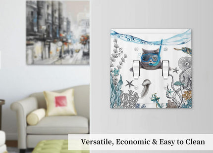 Funny Diving Cat Ocean Sea Seaweed Starfish 2 Gang Double Toggle Wall Plates Light Switch Cover Decorative Switchplate Faceplate for Bedroom Bathroom Kitchen Decor