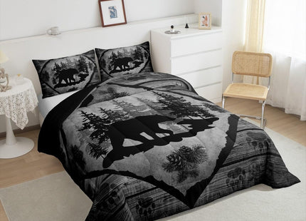Lodge Cabin Comforter Set,Black Bear Pine Trees Decor Bedding Set for Kids Teens Adults,Wild Animal Paw Print Retro Wooden Stripes Farmhouse Comforter Duvet Set with 1 Pillowcase Twin Size 2 Pcs