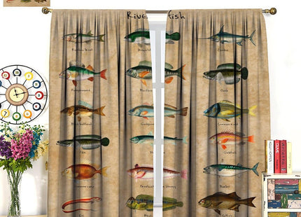 Kurtect Farmhouse Fish Curtain,Vintage Cabin Rustic River Fishing Window Treatment Curtains Cloth Farbic for Bedroom Living Room Office Cafe Kitchen Dining Room Drapes, 42x45 in
