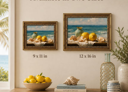 Vintage Gold Framed Lemon Seashell Coastal Canvas Wall Art 12x16 In