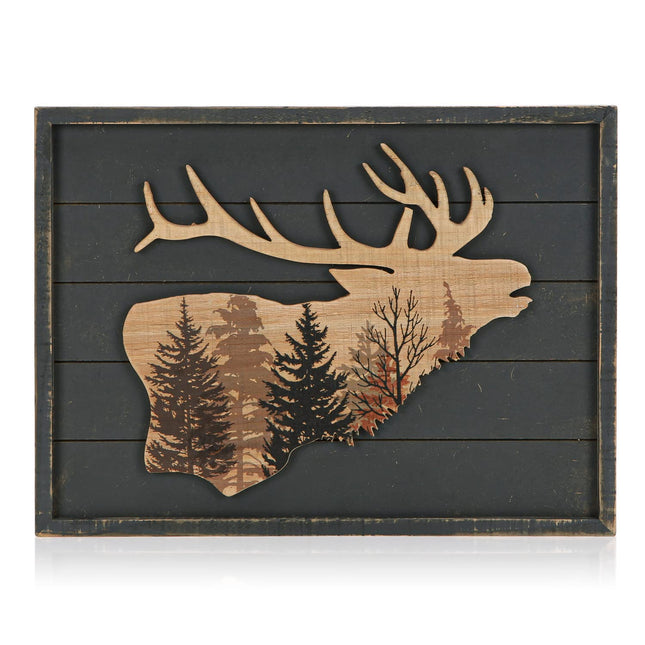 NIKKY HOME Cabin Wall Decor, Decorative Moose Wood Framed Forest Mountain Woodland Wildlife Lodge Deer Animal Picture Art Print Bathroom Decor, 16 x 12 Inches