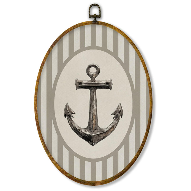 XPH Coastal Beach Anchor Oval Wall Art Framed, Nautical Beach Oval Wall Decor Accents, Neutral Striped Ocean Anchor Hanging Canvas Prints for Home Bedroom Living Room Decoration, 8.6x11.4 Inch