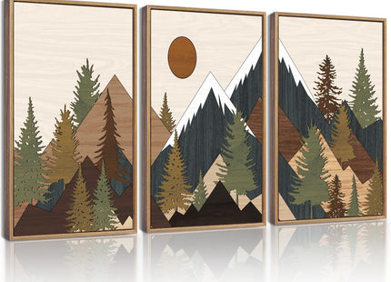 KUVIOKE Morden Mountains Framed Wall Art Boho Pine Tree Forest Nature Landscape Artwork Bohemain Farmhouse Rustic Bedroom Living Home Decor 11x14in (Natural Framed)