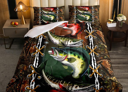Erosebridal Big Pike Fish Comforter Set Twin Size Hunting and Fishing Themed Bedding Boys Girls Bass Big Fish Bedding Comforter Sets Rustic Farmstyle Duvet Insert Bass Fish Quilt Gifts Adult