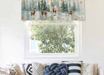 Evlaschin 54"x18" Winter Deers Window Treatment Valances Xmas Pine Trees Gold Snowflakes Kitchen Valance 1 Pack Winter Elk Forest Rod Pocket Curtain Valance for Bedding Dining Room Decor