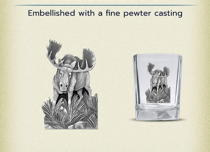Heritage Pewter Moose Square Shot Glass | Hand-Sculpted 1.5 Ounce Shot Glass | Intricately Crafted Metal Pewter Inlay