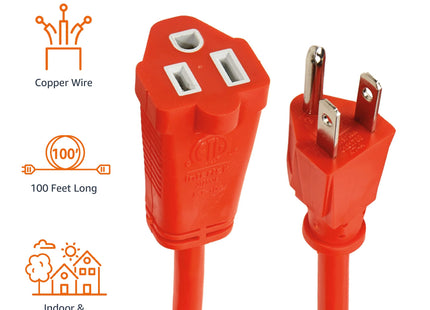 Amazon Basics 100 Foot 3-Prong Vinyl Indoor/Outdoor Extension Cord, Long Power Cord, Grounded Plug for Safety, Moisture Resistant, 10 Amps, 1250 Watts, 125 VAC, Orange