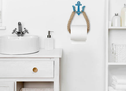 Beach Nautical Toilet Paper Roll Holder Coastal Wall-Mounted Rope Towel Holder with Metal Hook for Bathroom Decor Accessories, Natural Rustic Jute Rope with Anchor Pirate Seaside Themed (Blue)
