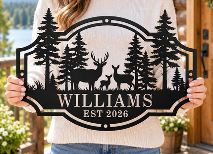 Custom Deer Family Name Sign, Personalized Deer Forest Cabin Metal Sign