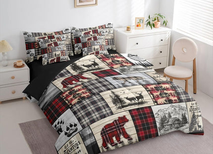 Erosebridal Rustic Cabin King Comforter Set 7 Piece Red Black Farmhouse Buffalo Plaid Bedding Sets Hunting Wolf Bear Deer Bed in A Bag with Sheets Country Wildlife Animal Theme Bed Sets Lodge Decor