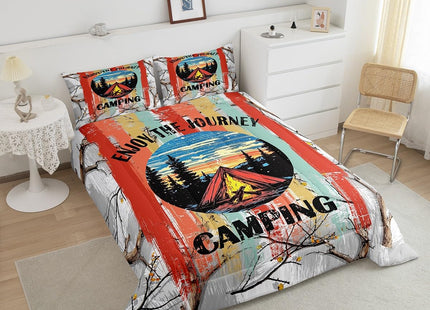 Erosebridal Happy Camping Full Comforter Set,RV Camper Bedding Sets for Travel Trailer,Rustic Cabin Quilt Bed Set for Kids Girls Boys,Forest Tree Mountain Bedroom Decor,2 Pillowcases Breathable