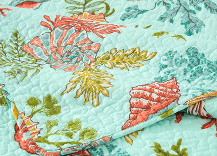 Autumn Dream Cotton Coastal Bedspread Quilt Sets Reversible Bedding Coverlet Sets Comforters, Fairytale Starfish Seashell Bedspread, Marine Green Ocean, King Size