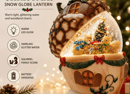 Christmas Pinecone Snow Globe Lantern with 6 Hours Timer, 3 AAA Battery Operated Glittering Water Globe, Lighted Squirrel Family Snow Globes for Xmas Mantel Tabletop Shelf Holiday Decorations Gifts