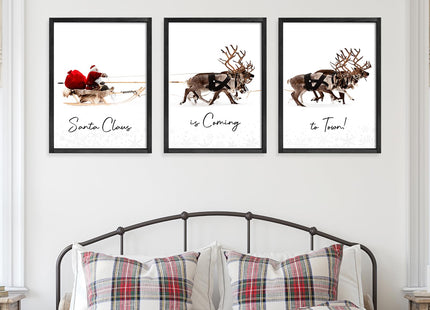 LITIVY Christmas Wall Art Prints - Set of 3 Santa Claus with Sleigh Deer for Home Decor - Xmas Sign - 12x16in - Black