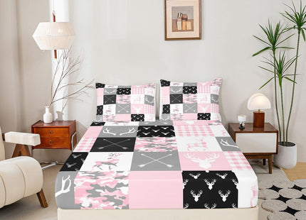 Camo Kids Sheet Twin,Deer Antler Silhouette Pink Camouflage Bedding Set for Boys Girls New Year Xmas Decor,Wild Animals Rustic Arrow Geometric Lattice Bed Sheet Set 3pcs(Fitted + Flat + 1 Pillowcase)