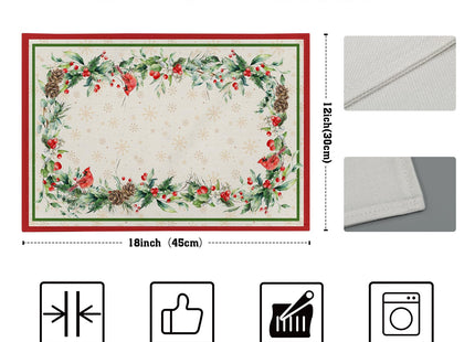 Winter Holly Branches Placemats Set of 4, Xmas Red Birds Pine Cone Dining Table Place Mats Linen Fabric Desk Top 12 x 18 Inch for Seasonal Holiday Home Kitchen Decor