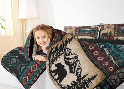 Feelyou Bear Kids Comforter Set Toddler Size Rustic Cabin Country Bedding Set Southwestern Exotic Duvet Quilt for Kids Boys Girls Bedroom Decor Microfiber Ultra Soft Breathable