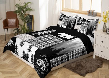 Woodland Bedding Set Hunting Bear Patchwork Buffalo Plaid Duvet Cover King Size,Rustic Cabin Barn Door Comforter Cover Boys Girls Camper Decor,Wildlife Paw Print Pine Trees Bed Sets Gray Black