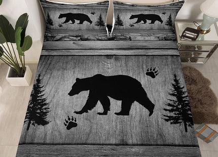 Manfei Rustic Bear Sheet Set Twin Size, Black Trees Deer Paw Print Bed Sheet Set 3pcs with Deep Pocket Fitted Sheet + Flat Sheet + 1 Pillowcase, Grey Wooden Plank Bedding Set for Kids Boy Room Decor