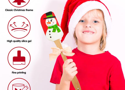 Silicone Spatula, Caliamary 3 Pieces Kitchen Silicone Spatula Set, Christmas Cake Decorating Spatula with Wooden Handle, Snowman Gingerbread Man and Santa Claus Pattern (Snowman)