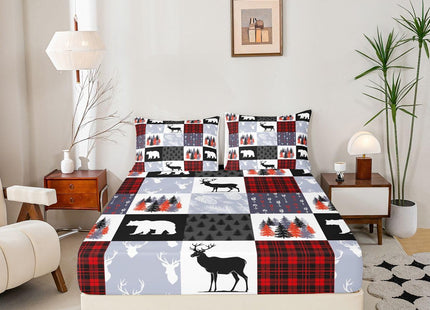 Teens Hunting Moose Deer Bed Sheets, Bear Trees And Vines Patchwork Fitted Sheet Twin For Kids Boys Girls, Rustic Wildlife Sheet Set Farmhouse Country Top Sheet, Red Black Plaid With White And Gray