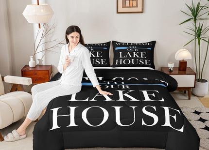 Lake House Comforter Set Full Size, Blue Paddle Lake Camping Bedding Set 3pcs, Rustic Farmhouse Lake Life Black Down Comforter for All Season, Kids Boys Girls Room Decor, 2 Pillowcases, No Sheets