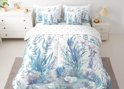 Erosebridal Coral Reefs Bed in A Bag Underwater World Bedding Set with Sheets Cute Ocean Animal Queen Comforter Set 7 Piece for Kids Adults Starfish Shell Fish Bed Set Teal Blue Marine Decor