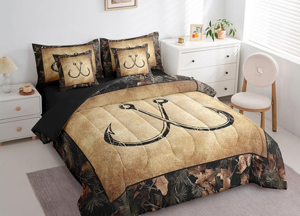 Erosebridal Camo Fish Hook 7 Piece Bed in A Bag Twin Rustic Lake Fishing Bedding Set Gifts for Boys Men Fisherman Kids,Farmhouse Cabin Style Comforter Set Retro Country Sheet Set with Comforter