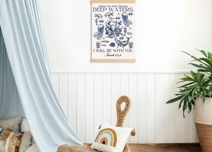 DNEULYR Marine Life Christian Canvas Wall Art, Isaiah 43:2 Bible Verse Wall Decor, Ocean Room Decor, Coastal Nautical Religious Prints Poster for Kids Bedroom Nursery Home, 12x16 Inches
