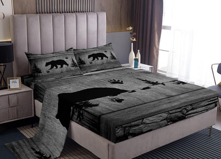 Manfei Rustic Bear Sheet Set Twin Size, Black Trees Deer Paw Print Bed Sheet Set 3pcs with Deep Pocket Fitted Sheet + Flat Sheet + 1 Pillowcase, Grey Wooden Plank Bedding Set for Kids Boy Room Decor
