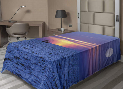 Lunarable Ocean Sheet Set, Idylic Scene of a Sunset with Zippy Waves Moving on to Sand at a Beach, Fitted and Flat Sheet with Pillowcases Bedding Accent 4 Piece Set, Full, Apricot White