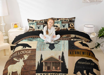 Hunting Woodland Animal Duvet Cover Full Rustic Fox Bear Deer Moose Bedding Set,Lake House Fishing Comforter Cover For Farmhouse Cabin Lodge,Countryside Wildlife Bed Set Brown Teal 2 Pillow Cases