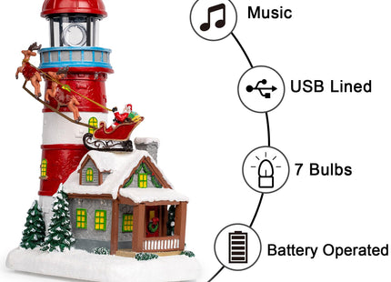 VISFLAIR Musical Christmas Village Figurines Lighthouse & Flying Santa Collectibles Building Statues, Battery & USB Christmas Home Decor Gifts Festive Holiday Decorations