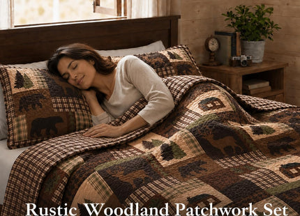 Rugs 4 Less Rustic Western Lodge Quilted Plaid Reversible Bedspread Set with Wildlife Imagery of Grizzly Bear Elk Buck and Pine Trees in Dark Brown - Alpine Trail (Full/Queen)