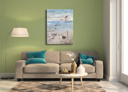 Pyradecor Large Abstract Seaside Seagull Seascape Painting Perching Bird by The Seashore Coastal Beach Canvas Wall Art for Bathroom Living Room Office Decor 20x28inch