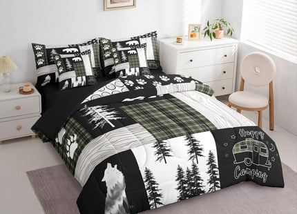 Erosebridal 7Pc Rustic Cabin Bear Queen Comforter Set with Sheets, Hunting Wolf Country Bedding Sets, Camping RV Camper Patchwork Quilts, Green Black Buffalo Plaid Bed in a Bag (Fitted + Flat Sheet)