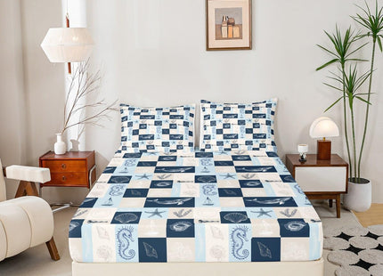 Ocean Coastal Theme Fitted Sheet Queen Size,Navy Blue Geometric Plaid Patchwork Grid Bedding Set Whale Conch Seahorse Starfish Coral Bed Sheet 3Pcs,Undersea World Deep Pocket Sheet,2 Pillowcases