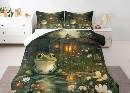 Manfei Lodge Frog Comforter Set,Rustic Cabin Jungle Wild Animal Starry Bedding Set for Kids Teens Bedroom,Nature Daisy Flowers Lake Lotus Leaves Quilt Set 2 Pcs with 1 Pillowcase,Twin