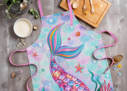 SANDJEST Mermaid Kid Apron for Girls with Pocket & Chef Hat, Polyester Baking Painting Gardening Apron, Gift for Christmas Birthday