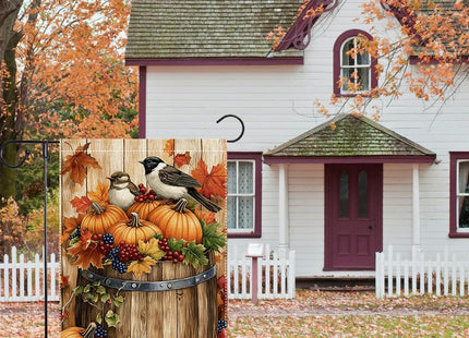 Fall Chickadee Garden Flag, Autumn Pumpkin Harvest Wooden Barrel Outdoor for Decor, Double Sided Burlap Maple Leaf Farmhouse Home Decor Yard Party Thanksgiving Decoration 12x18 Inch